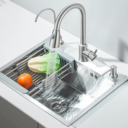 Edelstahl-Küchenspüle mit Wasserhahn, Trinkwasserhahn/Seifenspender, 55 x 45 cm, Spülbecken-Set mit Abflussset/Korb
