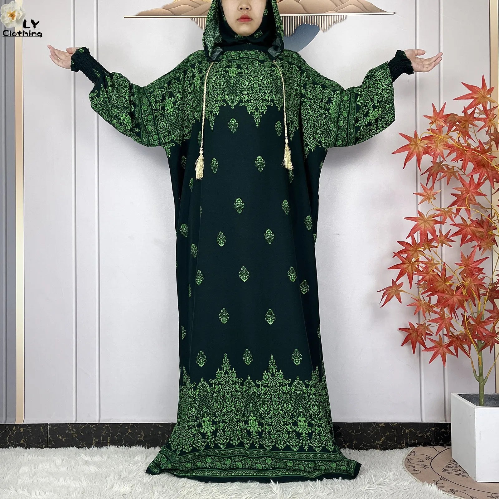 2025 Women Long Sleeves Dress Cotton Ramadan Abaya with Two Hats Muslim Women's Kaftan Dress Dubai Turkey Islam Prayer Clothing.