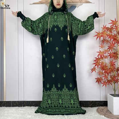 2025 Women Long Sleeves Dress Cotton Ramadan Abaya with Two Hats Muslim Women's Kaftan Dress Dubai Turkey Islam Prayer Clothing.