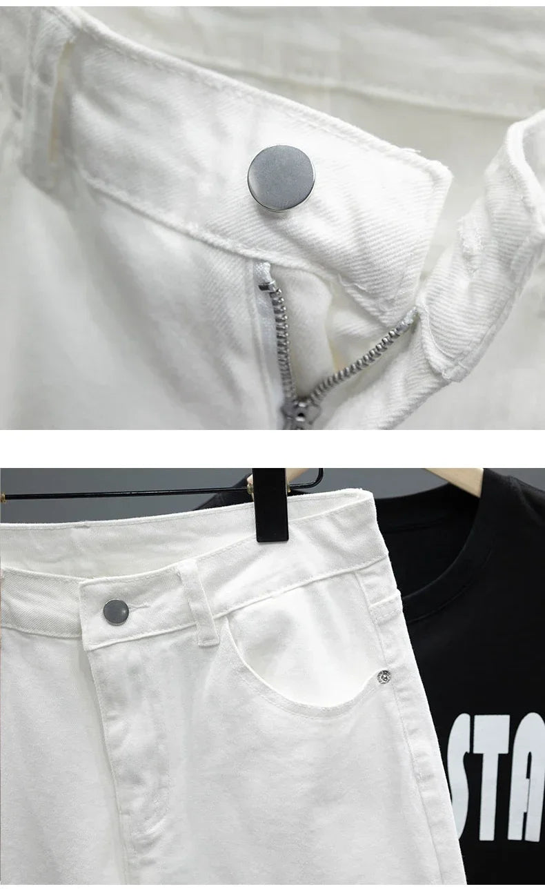 White Jeans Men's Slim Straight Ankle-length Soft Comfort Elastic Denim Trousers Fashion Korean Basic Casual Pencil Pants.
