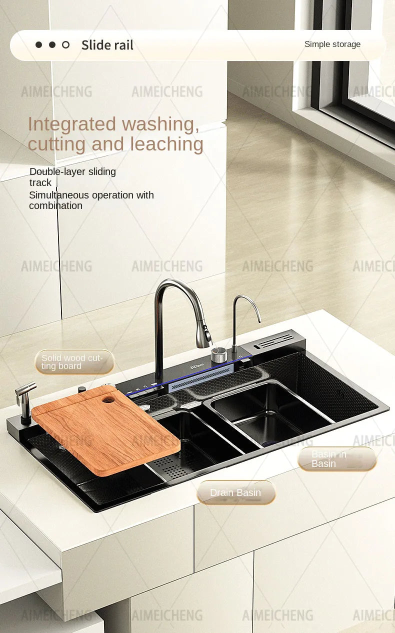 Heißer verkauf Edelstahl Wasserfall Küche Waschbecken Mit Messer Halter Digital Display Wasserhahn Set Geprägte Extra Große Einzigen Slot