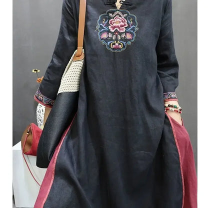 Damen-Bluse im Vintage-Stil aus Baumwolle und Leinen, mittellang, siebte Ärmel, Stickerei, ethnischer Rock mit lockerer Passform, chinesischer Stil.