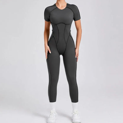 Seamless Yoga Jumpsuits Sports Fitness Hip-lifting Backless Short-sleeved One-piece Workout Gym Leggings Tracksuits for Women.