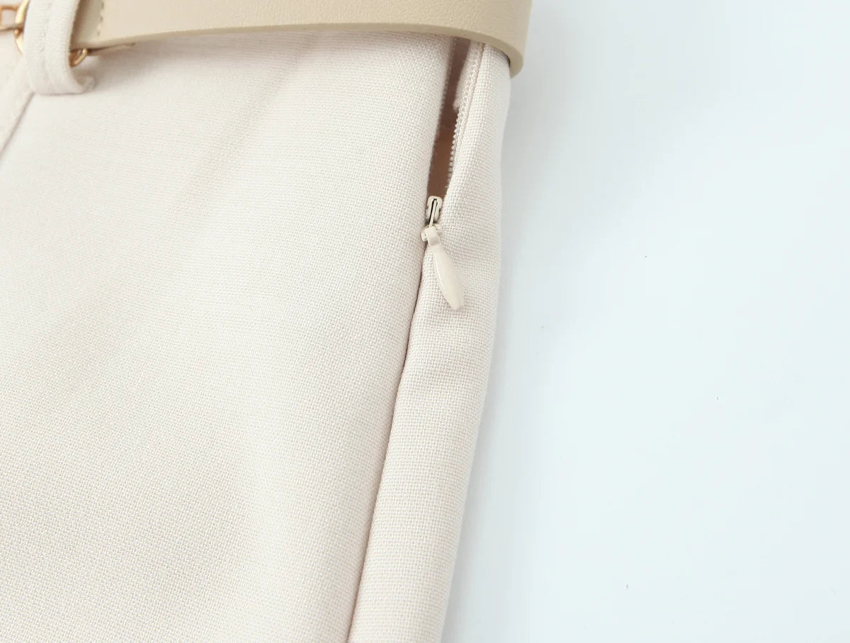 HH Women Solid Pant Set Long Sleeve O-Neck Double-Breasted Blazers+High Waist Chain Matching Side Zipper Trousers Sets