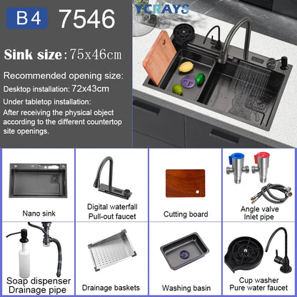 YCRAYS Digital Display Nano Kitchen Sink Large Single Bowl SUS304 Waterfall Faucet Cup Washer Purified Tap Soap Dispenser