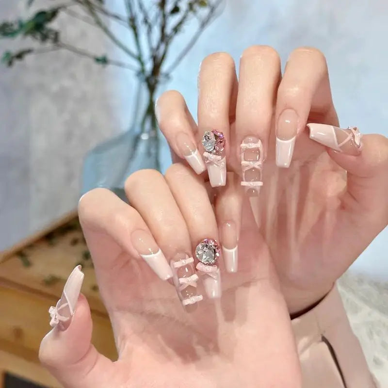 24Pcs Ballet Square Pink Press on Bow Nails 3D Flower with Bandage Design French Nail Tips for Women&Girls Daily,Spring wear
