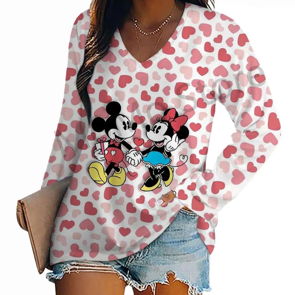 Women's Long Sleeve T-shirts Kawaii V-Neck S-3XL Mickey Lovely Disney High Quality 3D Print New Youthful Woman Clothes Minnie.