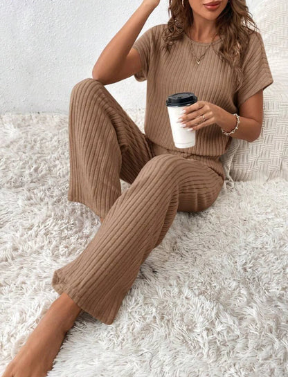 Two Piece Pant Sets Women Straight Pants Tops Pullover Short Sleeve Round Neck Spliced Top Solid Casual Streetwear Summer
