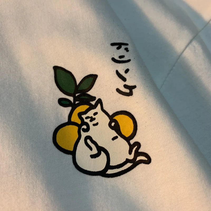 Cute Japanese Cat Print Oversized T-shirt Women Men Short Sleeve Loose Casual Tee Shirt Streetwear Tops Cotton Harajuku Clothing.