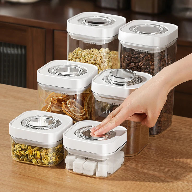 Airtight Food Storage Container with Pop Up Lid Plastic Clear Moisture-Proof Coffee Beans Cereals Jar Pantry Organizer Box.