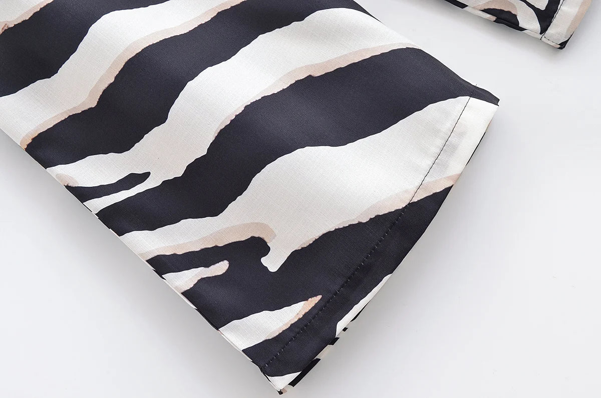 HH Women Pants Suit Fashion Zebra Stripes Single Breasted Sexy Sleeveless V-Neck Top+High Waist Zipper Casual Wide Leg Pants