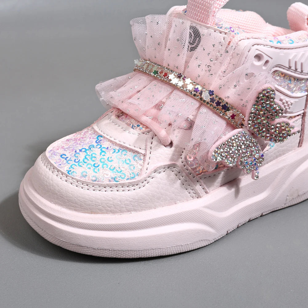 2025 New Autumn Children Shoes Leather Toddler Kids Sport Shoes Bling Bling Cute Butterfly Soft Sole Fashion Girls Sneakers.