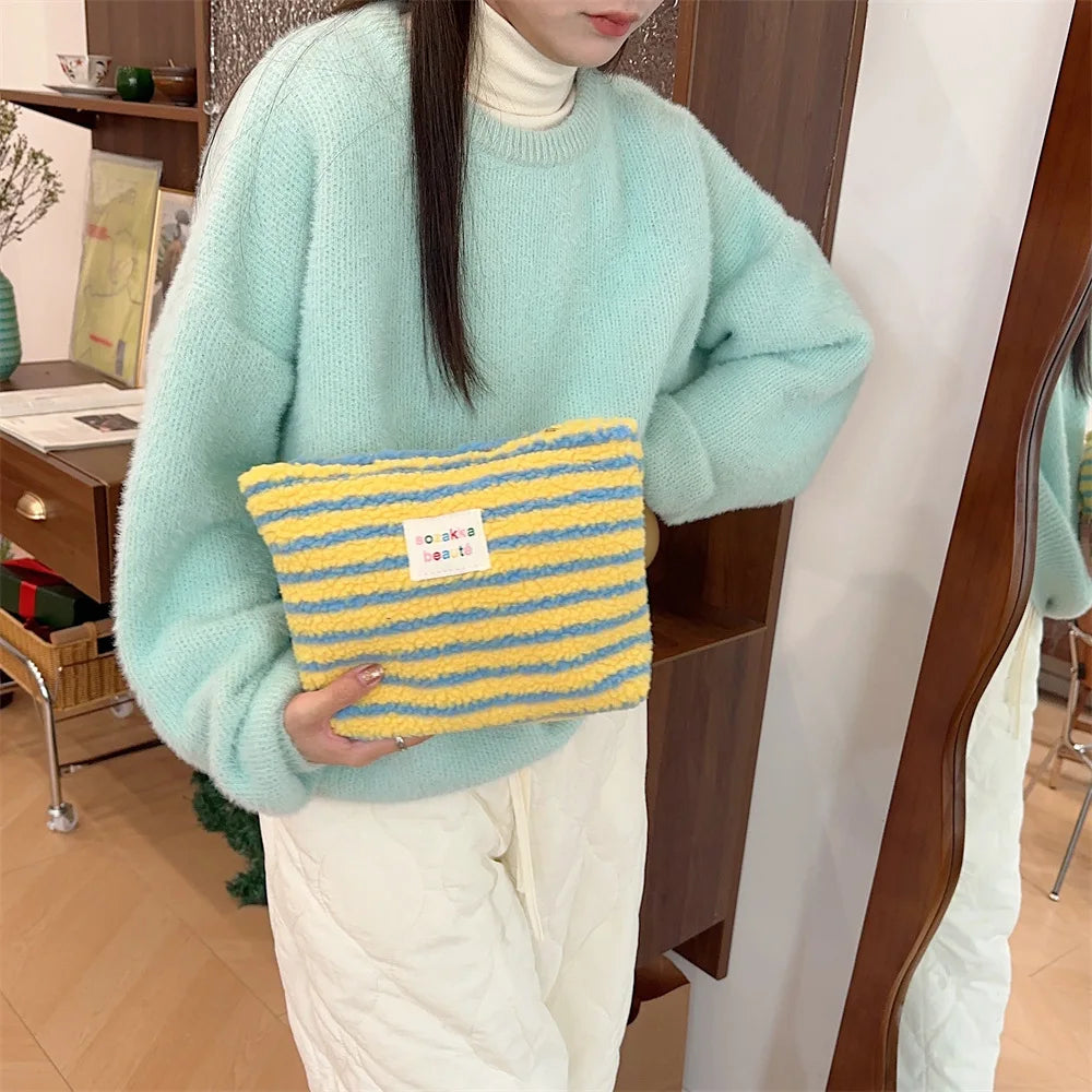 New Colorful Striped Dot Plush Clutch Cosmetic Bag Large Capacity Makeup Pouch Toiletries Bag Travel Outdoor Makeup Storage