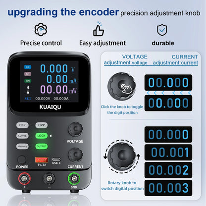 KUAIQU 5 Digits Programmable Adjustable Power Supply 30V 10A,Battery Simulation Tester,Real time Curve Display Voltage Current.