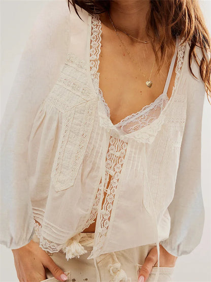 CHRONSTYLE Women Long Sleeve Tops Loose Casual Lace Patchwork Button Tie-up Shirts Floral Aesthetic Blouses Club Streetwear 2025.