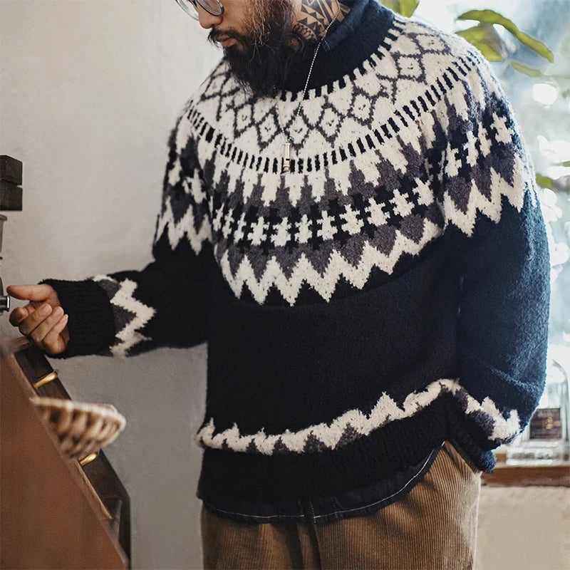Maden Vintage Heavyweight Fair Isle Icelandic Sweater Round Neck Jacquard Bottom Knitwear Thickened Warm Pullovers for Christmas.