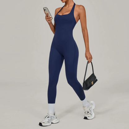 Yoga Jumpsuit Sports Fitness Peach Hip Halter Neck Backless Pants Bodysuit Outdoor Dance Jumpsuit Tight Yoga Wear for Women.