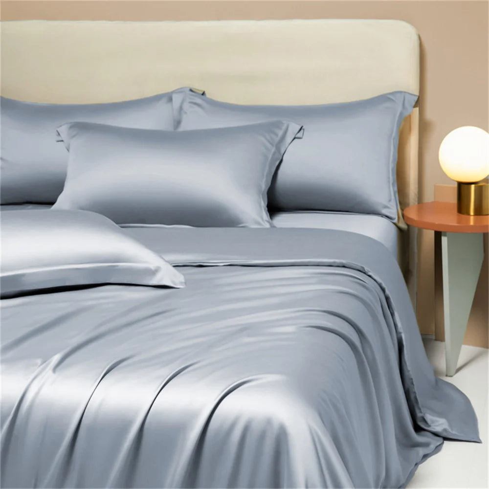 Liv-Esthete Noble 100% Silk Bedding Set Blue Gray Summer Duvet Cover Pillow Case Bed Sheet Quilt Cover Double King Queen Sets.