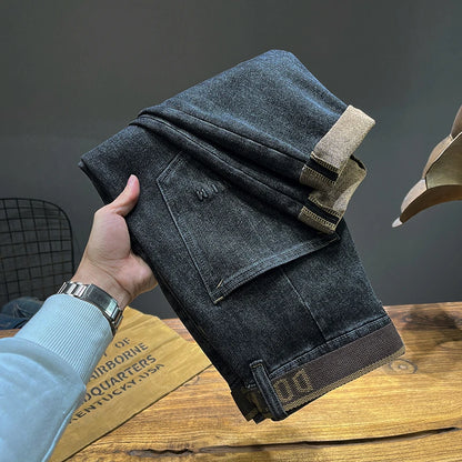 Tapered Jeans for Men's Clothing Autumn New Fashion Embroidered Korean Harem Pants Casual Stretch Black Denim Trousers.