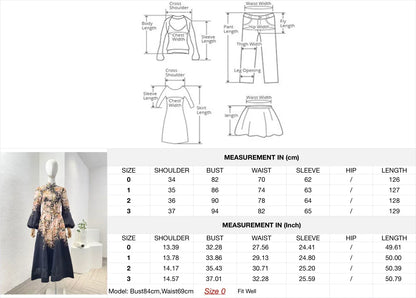 Schwarzes Leinen-Midikleid mit Rokoko-Blumendruck, langen Ärmeln und hoher Taille