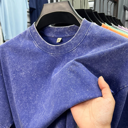 Personality washed vintage short sleeve T-shirt high-end 100% pure cotton men fashion round neck comfort lightweight casual top