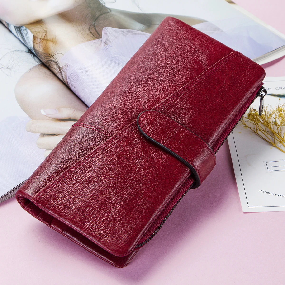 Contact's 100% Genuine Leather Wallet Women Long Coin Purse Hasp Design Clutch Bags Name Engraving Card Holder Wallets Cartera.