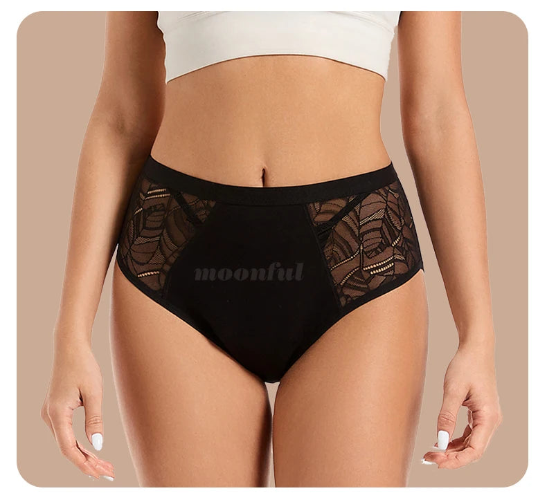 Moonful Women's Menstrual Panties High Waist Leak Proof 4 Layer Breathable Lace Period Underwear Girls Absorbent Brief.