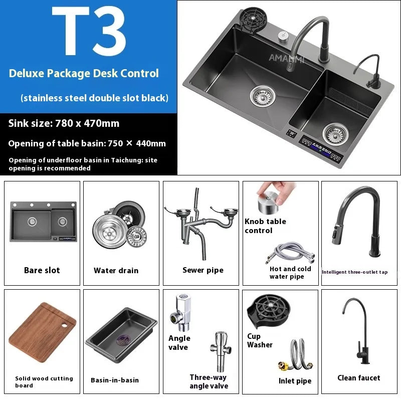 Stainless Steel Smart Water Catalyst Sinks large Double slot Purification Sterilized Fruit Dishwashing Kitchen Sink