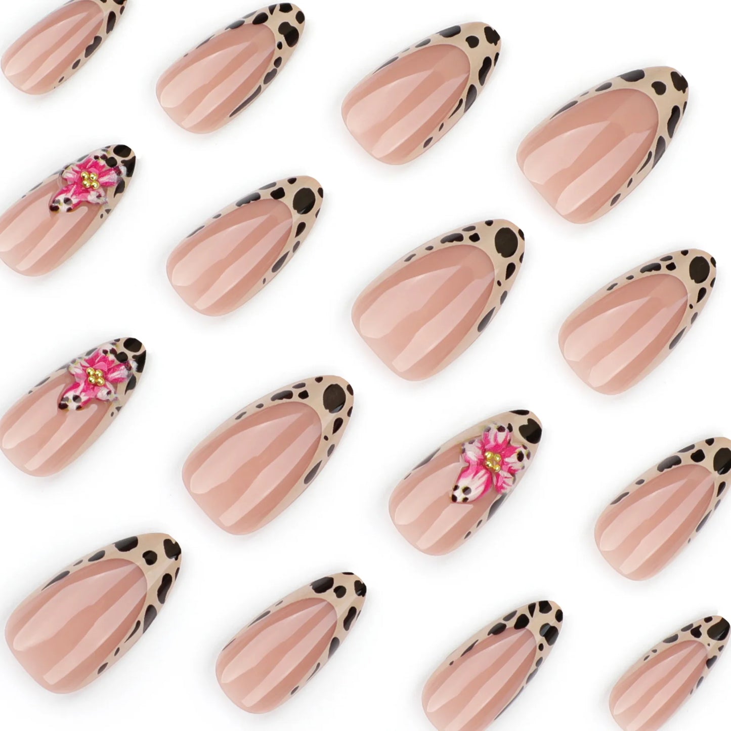 24pcs Brown French Leopard Print Press On Nails Stereo Pink Flower Designs Autumn False Nails Sweet Cool Almond Fake Nail Tips.