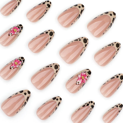 24pcs Brown French Leopard Print Press On Nails Stereo Pink Flower Designs Autumn False Nails Sweet Cool Almond Fake Nail Tips.