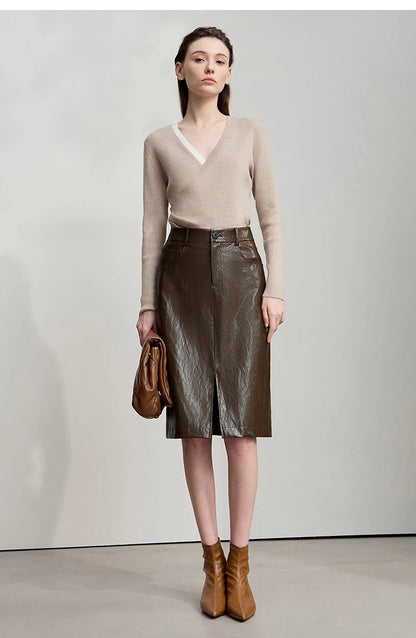 AMII Minimalist PU Leather Skirt For Women 2025 American Retro Knee-Length Skirt Solid Basics Business Women's Clothing 12553014