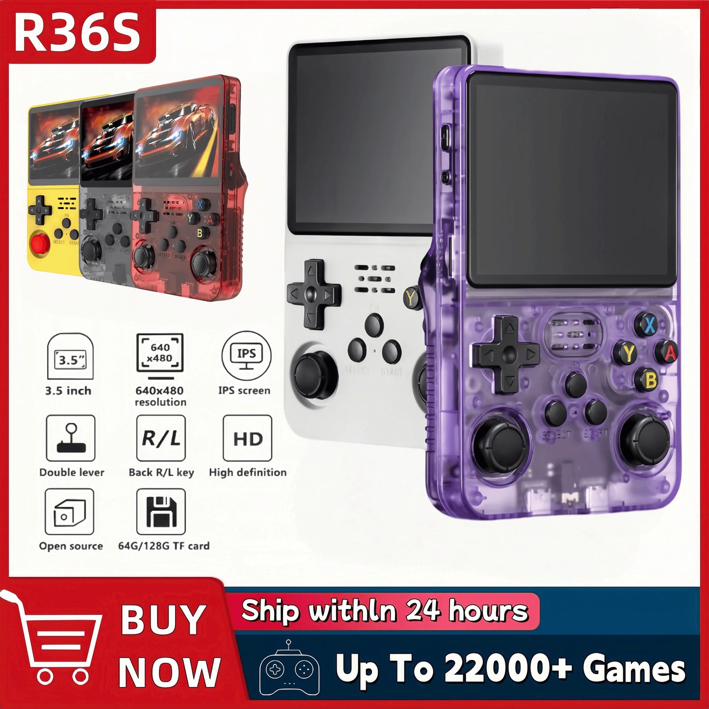 Retro R36S Handheld Video Game Console 3.5 Inch IPS Screen 128GB Preloaded Games Portable Pocket Player Linux System.