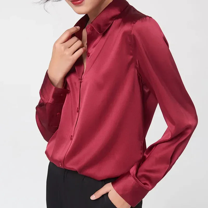 Woman Silk Shirt Long-sleeved Satin Women Blouse 19mm Mulberry Silk Blouse Loose Versatile Base Shirt 95% Natural Silk+5%Spandex