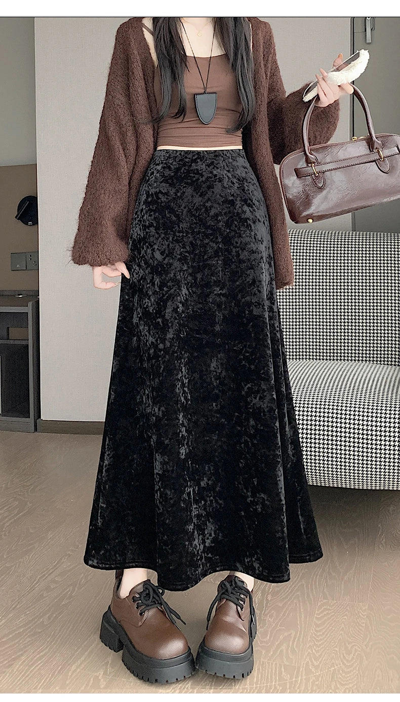 Plush Velvet Midi Skirt - 2025 New High-Waisted A-Line Mermaid Hem Skirt, Fleece-lined, Autumn Winter Thick Velvet Skirt