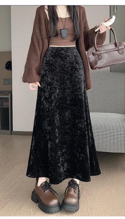 Plush Velvet Midi Skirt - 2025 New High-Waisted A-Line Mermaid Hem Skirt, Fleece-lined, Autumn Winter Thick Velvet Skirt