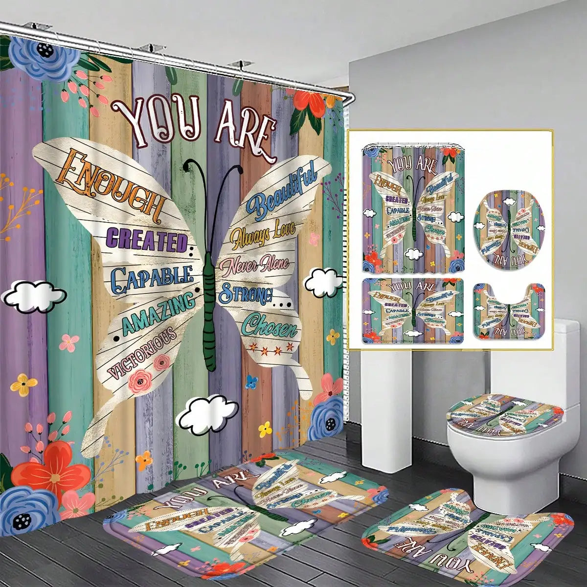 4-teiliges Badezimmer-Set, wasserdichter Stoff-Duschvorhang im Palast-Stil mit 12 Haken, rutschfeste Badezimmermatte, U-förmige Toilettendeckelabdeckung