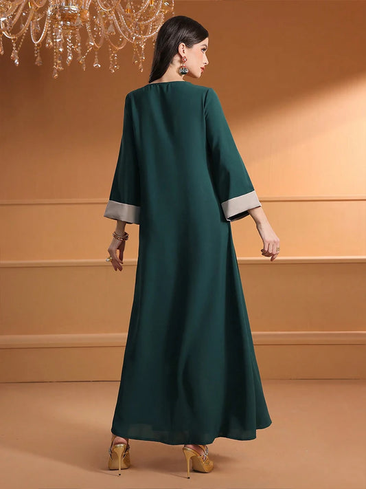 TOLEEN Damen Knöchellange Kleider Eid Al-Fitr Muslim Lose Applizierte V-Ausschnitt Langarm Damen Robe Islamisches Dubai ElegantDress.