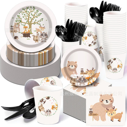 Cartoon Tiere Party Einweg Geschirr Wilde Bär Fuchs Wald Tiere Party DIY Dschungel Safari Alles Gute Zum Geburtstag Baby Dusche Dekor.