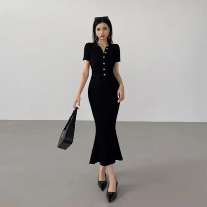 OCEANLOVE Meerjungfrau Rüschen Kleider für Frauen Gestrickte Solide Einreiher Sexy Vestidos Mujer Mode Frühjahr Sommer Langes Kleid