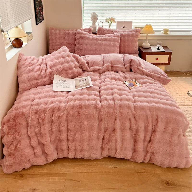 Luxury Faux Rabbit Fur Velvet Fleece Plush Soft Warm Bedding Set Super Comfortable Duvet Cover Set Blanket Bed Sheet Pillowcases.