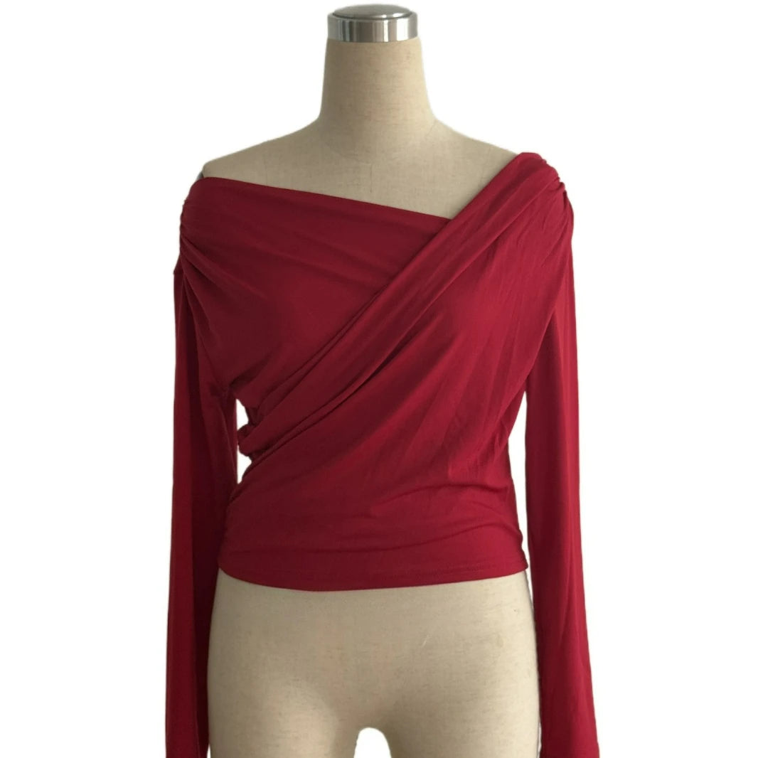 2025 Autumn Winter 2025 Solid-color Fashion Tops for Women Long Sleeve Blouses One-shoulder Collar Slimming Shirts Office Lady.