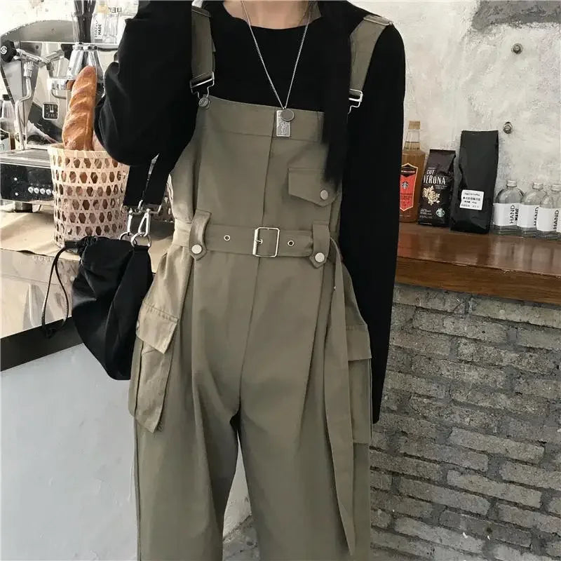 Jumpsuits Women Design Loose Fashion Vintage Students Spring Korean Style Straight Leisure Belt Simple Solid Elegant Tender Cozy.
