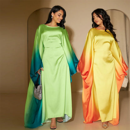 Gradient Batwing Butterfly Sleeve Satin Abaya Dubai Luxury Muslim Kaftan Dress For Women Kebaya Caftan Marocain Femme Vestidos.