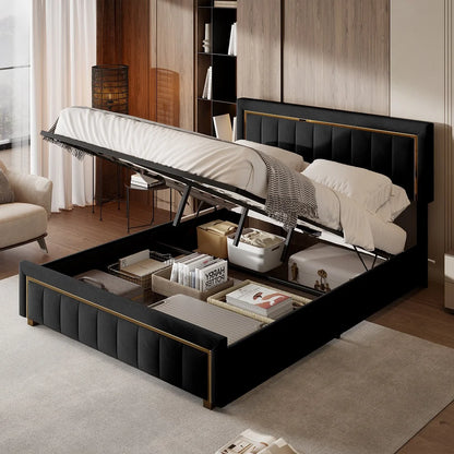 Lazyspace Elegantes Hydraulikbett, samtstoff gepolstertes Doppelbettgestell, mit Stauraum, Bettkasten, Kopfteil mit Lattenrost