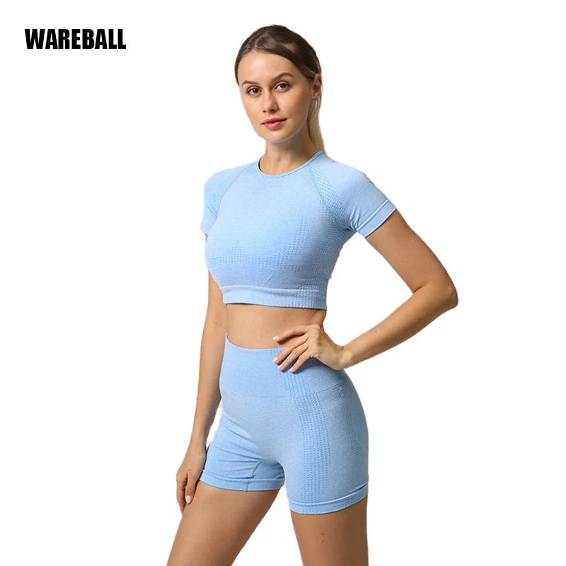 Seamless Women Yoga Set Crop Top Short Sleeve Shirt Fitness Shorts Workout Clothes For Women Gym Clothing Yoga Sport Set.