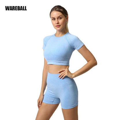 Seamless Women Yoga Set Crop Top Short Sleeve Shirt Fitness Shorts Workout Clothes For Women Gym Clothing Yoga Sport Set.