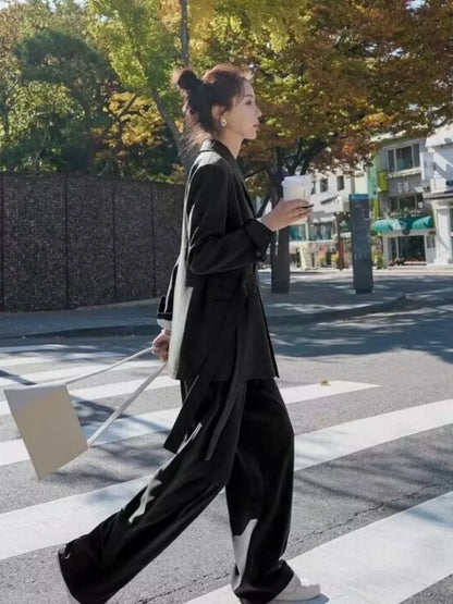 Women's Fashion Office Suit Set Casual Oversized Blazer And Wide Leg Pants Two-Piece Long Sleeve Top Bottoms Combo.