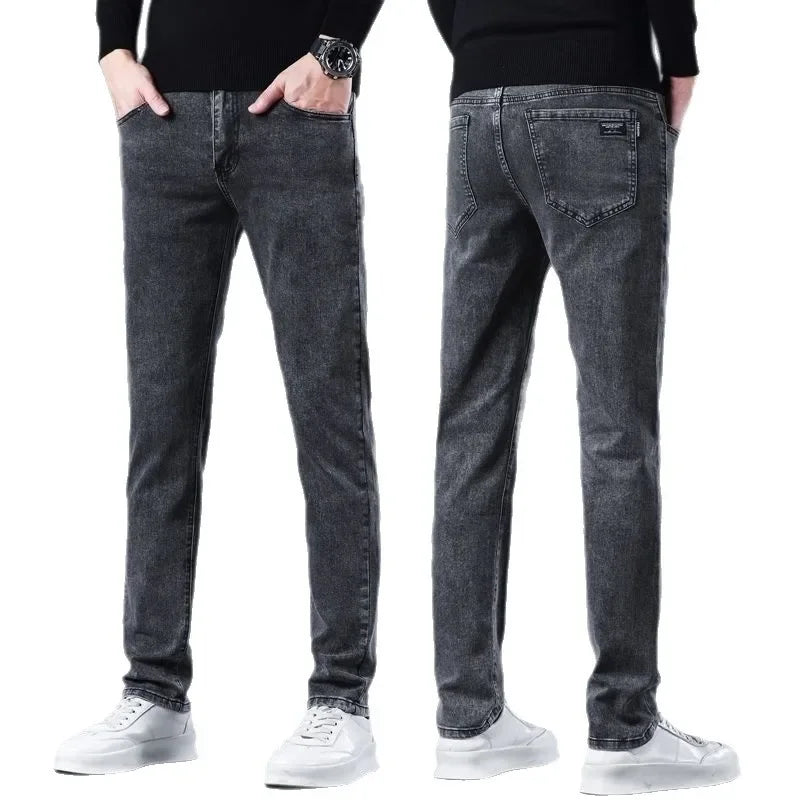 Men's Black Straight Leg Jeans Casual Elastic Business Pants High Waist Slim Fit Long Trousers New 2025 Gray Color.
