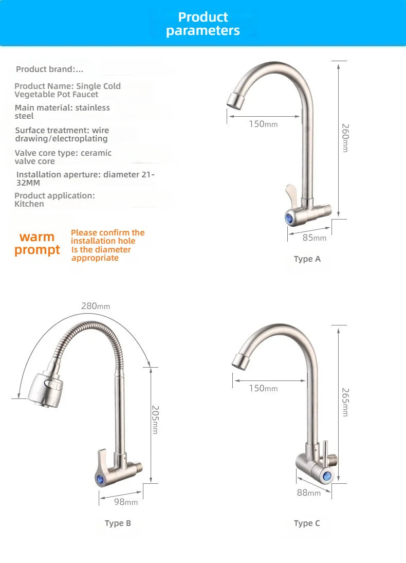 Kitchen Stainless Steel Faucet Wall Mounted Rotate Single Cold Water Sink Tap Household Kitchen Universal Faucet