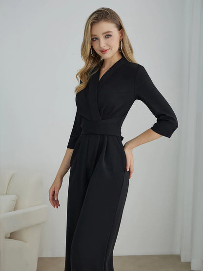 Elegant Pure Color V-Neck Sleeveless Wide Leg Jumpsuit Women's Spring Autumn Fashionable Comfortable Polyester One-Piece Suit.